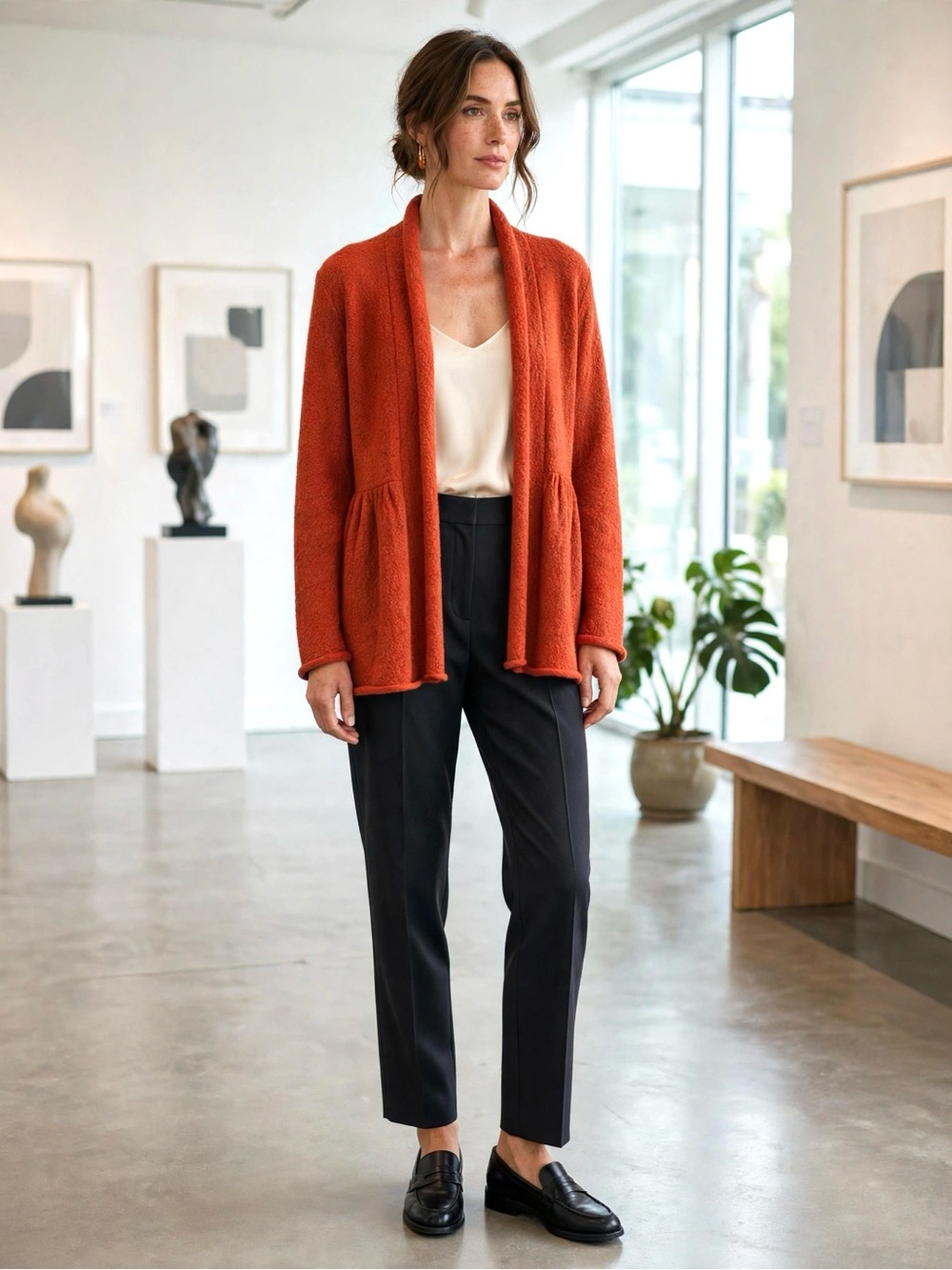 Eileen Fisher Rust Bouclé Open Cardigan — 100% Wool - Sz Medium